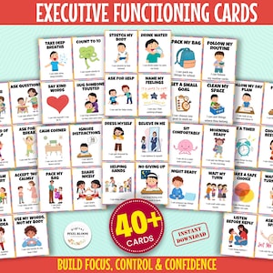 May include: A set of 40+ executive functioning cards with colorful illustrations and text prompts. The cards are designed to help build focus, control, and confidence. The words "Executive Functioning Cards" and "Instant Download" are visible.