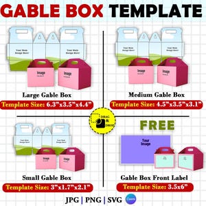 Pode incluir: Gráfico mostrando quatro modelos de caixas Gable com o texto "GABLE BOX TEMPLATE". Os modelos incluem tamanhos: 16cm x 9cm x 11cm, 11cm x 9cm x 8cm, 8cm x 4cm x 5cm e 9cm x 15cm. Cada modelo tem uma caixa rosa com uma alça.