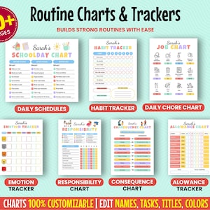 May include: A collection of customizable routine charts and trackers with the text "Routine Charts & Trackers" and "Builds Strong Routines With Ease". The charts include a school day chart, habit tracker, job chart, emotion tracker, responsibility chart, consequence chart, and allowance tracker.