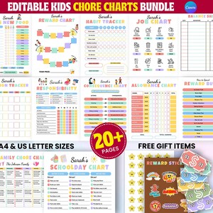 May include: A bundle of colorful chore charts for kids, including charts for rewards, habits, and responsibilities. The bundle includes stickers and is available in A4 and US Letter sizes. The text on the image says "Editable Kids Chore Charts Bundle".