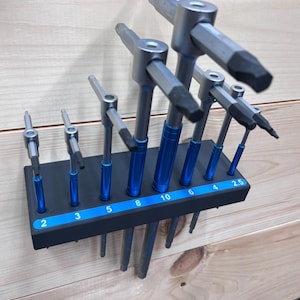 Op de afbeelding: Een set T-handgreep inbussleutels in een zwarte houder met blauwe accenten. De maten, in millimeters, zijn gemarkeerd met 2, 2.5, 3, 4, 5, 6, 8 en 10. De gereedschappen zijn op een houten oppervlak gemonteerd.