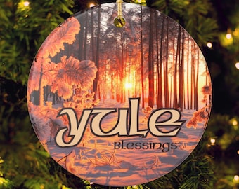 Yule Blessings Ceramic Ornament | Winter Forest Sunlight Holiday Decoration