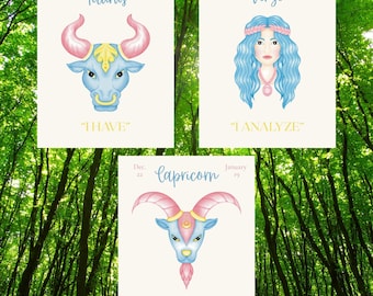 Zodiac Birth Chart Art Prints Bundle (12) | Pastel Astrology Wall Art