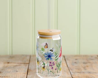 Wildflower Meadow Glass Tumbler | Botanical Sipper Cup | Butterfly Bee Dragonfly | Cottagecore Drinkware