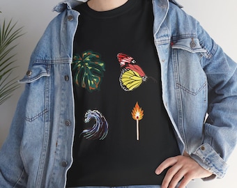 Four Elements | Botanical Leaf, Butterfly, Wave, Flame Tee | Nature Symbol Graphic T-Shirt