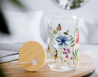 Wildflower Meadow Glass Tumbler | Botanical Sipper Cup | Butterfly Bee Dragonfly | Cottagecore Drinkware