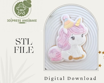 May include: A digital download image featuring a unicorn cookie design. The cookie is white with pink hair and tail, a yellow horn, and a party hat. The image includes the text "STL FILE" and "Digital Download."
