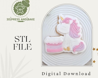 May include: A unicorn cookie with pink and purple details sits next to a pink and white cake. The image includes the text "STL FILE" and "Digital Download". The logo for "3D Press and Bake" is in the upper left corner.