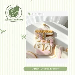 May include: A cookie shaped like the number five, featuring a white carousel horse with a pink mane and tail, gold accents on the canopy, and a pink base. The image includes the text 3D PRESS AND BAKE and Digital STL File for 3D printer.