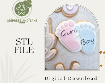 Op de afbeelding: Een digitale download afbeelding met koekjes in de vorm van babyvoetjes. Eén is roze met "Girl", de andere blauw met "Boy". De afbeelding bevat ook de tekst "STL FILE" en "Digital Download."
