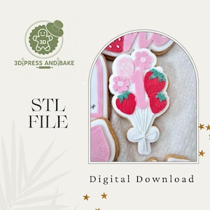 Puede incluir: Gráfico de descarga digital que presenta un ramo de galletas con fresas, flores y el número 1. Las galletas están decoradas con glaseado rosa y blanco. También está presente el texto "STL FILE" y "Digital Download".