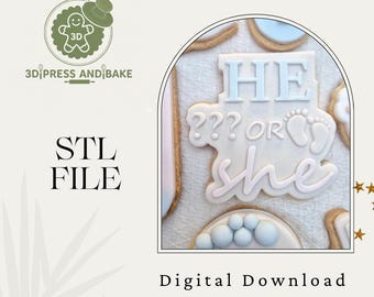 Gender Reveal He of She Cookie Stamp & Cutter STL-bestanden - digitaal bestand