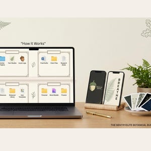 May include: A laptop displays a digital workspace with labeled folders. Two smartphones rest on a wooden stand, one with an acorn graphic and the other with the word "Breathe." A pen and small potted plants complete the scene. The text "How it Works" is visible.