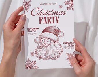 Editable Vintage Christmas Party Invitation Canva Template Retro Santa Holiday Invite Printable