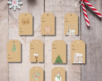 Neutral Christmas Gift Tags Printable Set of 9 Simple Modern Holiday Labels Gingerbread Trees Houses
