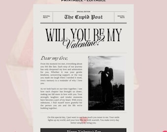 Newspaper Style Valentine Love Letter Template | Editable Canva Love Letter | Valentine’s Day Printable Gift | Romantic Newspaper