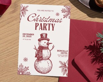 Editable Vintage Christmas Party Invitation Canva Template Retro Snowman Holiday Invite Printable