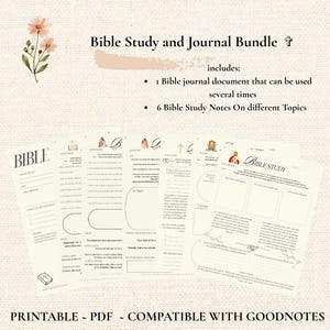 Op de afbeelding: Een Bijbelstudie- en Journal-bundel met de tekst "Bible Study and Journal Bundle" en "omvat: 1 Bijbeljournaaldocument dat meerdere keren kan worden gebruikt, 6 Bijbelstudienotities over verschillende onderwerpen". De tekst "PRINTABLE - PDF - COMPATIBLE WITH GOODNOTES" is ook inbegrepen.
