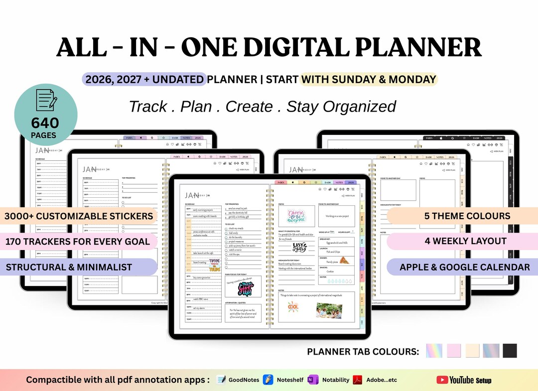 All in One Digital Planner 2026, 2027 Digital Planner, Daily Planner ...