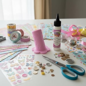 Puede incluir: Un conjunto de materiales de manualidades que incluyen papel estampado, rollos de cinta decorativa, pegatinas, botones, tijeras, pegamento y cinta. Los artículos están dispuestos sobre una superficie blanca, lo que sugiere un tema de manualidades o scrapbooking. Los colores incluyen rosa, azul, amarillo y marrón.