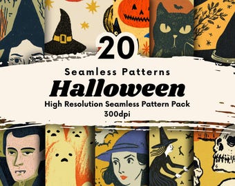 May include: A pack of 20 seamless Halloween patterns. The image displays illustrations of a witch's hat, a black cat, a pumpkin, and a skull. The text reads "20 Seamless Patterns Halloween High Resolution Seamless Pattern Pack 300dpi."