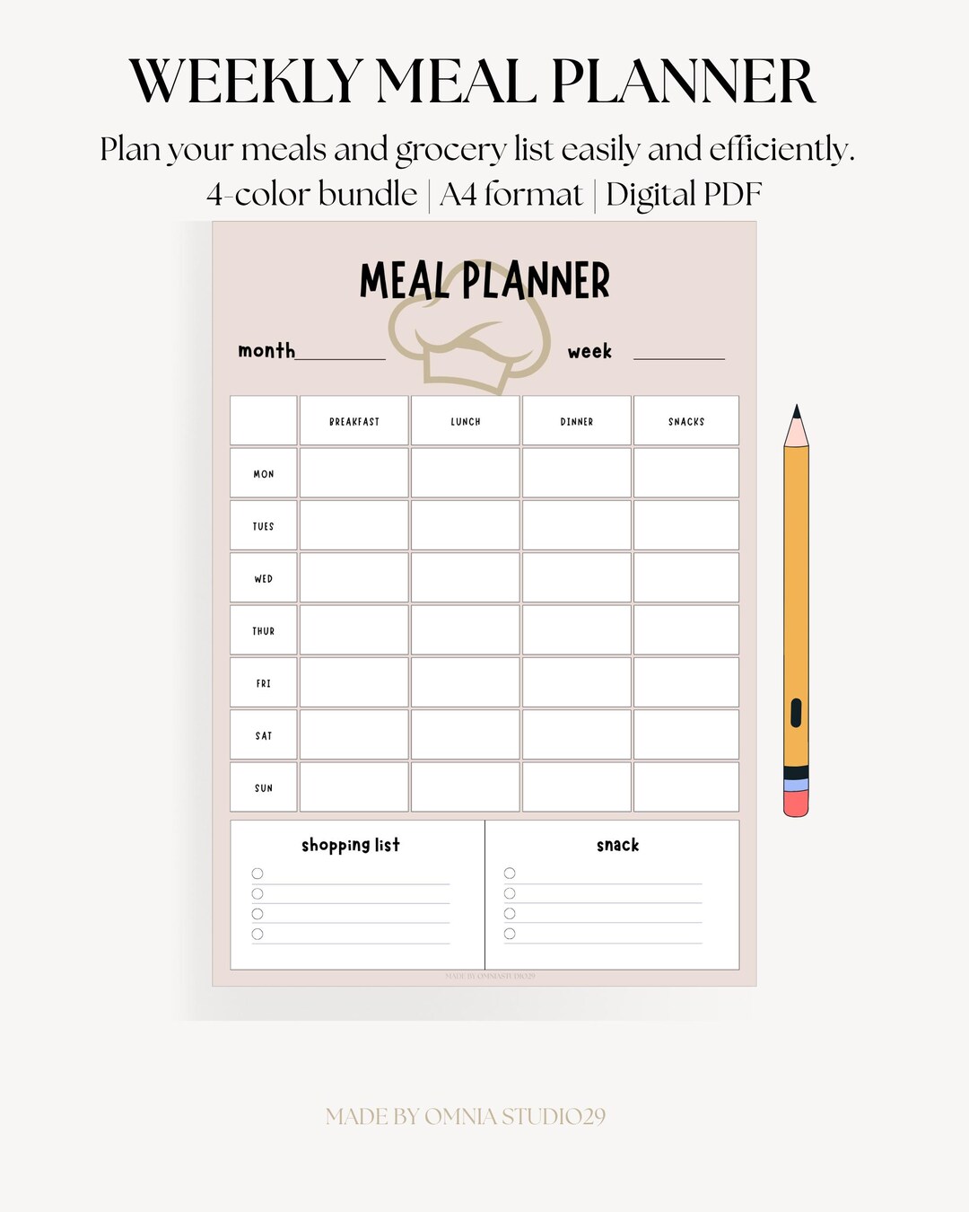 Printable Weekly Meal Planner (4 Colors) | A4 PDF | Meals & Snacks ...