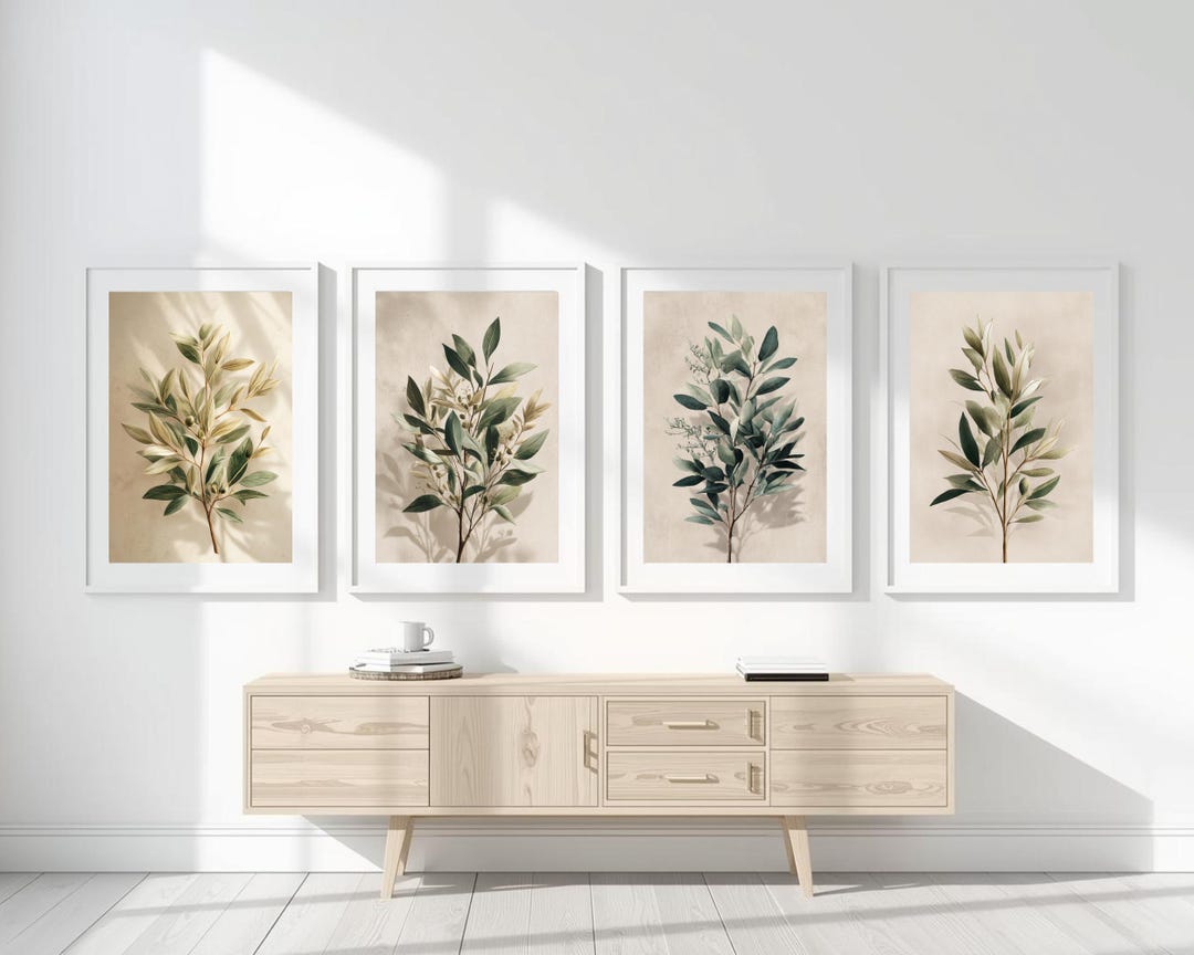 Neutral Botanical Wall Art Set – Beige Green Leaf Prints (digital ...