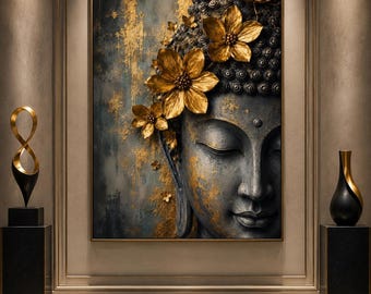 May include: A large rectangular wall art piece featuring a close-up portrait of a Buddha head in shades of dark gray and charcoal. The figure is adorned with several three-dimensional gold flowers and gold leaf accents against a textured background.