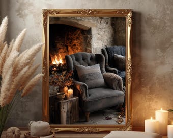 Autumn Cozy Fireplace Print — Rustic Armchairs Wall Art — Warm Cabin Fine Art Poster