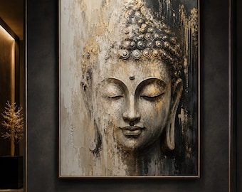 May include: A rectangular wall art piece featuring a textured, close-up painting of a Buddha face in shades of gold, black, white, and grey. The artwork displays a serene expression with closed eyes and detailed hair curls, framed in a thin gold border.