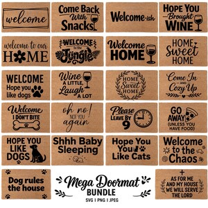 May include: A collection of rectangular doormats with various welcoming messages in black text on a brown background. Messages include "Welcome," "Home," and humorous phrases. A bundle of home decor.