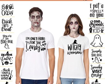 May include: A collection of 100+ Halloween SVG designs featuring white t-shirts with black text. One shirt reads I'M ONLY HERE FOR THE CANDY with candy graphics, and the other reads WITCHY woman with a hat icon. Various spooky phrases surround them.