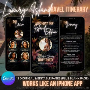 May include: A digital travel itinerary displayed on three smartphones. The screens feature a birthday trip theme with floral accents and the text "Luxury Island Travel Itinerary." The itinerary includes a schedule, contacts, and menu.