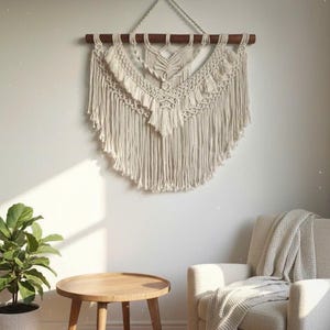 Makramee-Wandbehang, 75 × 23,6 cm, handgemachte neutrale Boho-Wandkunst