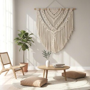 Large Macrame Wall Hanging, 35 x 39 in, Handmade Boho Neutral Wall Art