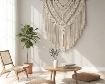 Large Macrame Wall Hanging, 35 x 39 in, Handmade Boho Neutral Wall Art