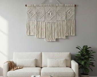 Large Macrame Wall Hanging, 35 x 39 in, Handmade Boho Neutral Wall Art