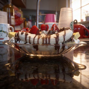 May include: A banana split dessert candle in a clear glass dish, featuring a peeled banana, white whipped cream, red strawberries, a red cherry, and dark chocolate syrup drizzle. The realistic food-shaped wax candle has two visible wicks.