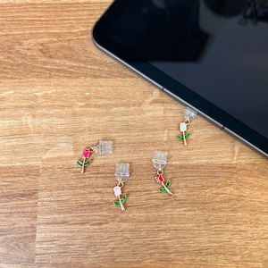 May include: Four small, clear, rectangular charms with gold-colored accents and miniature rose pendants in pink, red, and white. The charms are near a black tablet on a wooden surface.