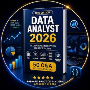 Może przedstawiać: Ciemnoniebieska książka zatytułowana Data Analyst 2026 Technical Interview Master Guide z żółtym tekstem. Okładka zawiera ikony SQL, Python, Statistics, Excel i Business Cases oraz tekst 50 Q&A Interview Guide i 2026 Edition.