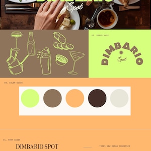 May include: A promotional image for Dimbario Spot, featuring a logo, color palette, and food illustrations. The color scheme includes shades of green, brown, and orange. The text includes "Dimbario Spot" and "Good Bites / Great Drink".