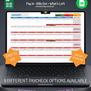 Peut inclure: Un ordinateur portable affiche un calendrier budgétaire mensuel numérique. L'écran montre une mise en page de feuille de calcul avec des sections pour les revenus, les factures et le solde. Le texte comprend "Pay In - Bills Out = What's Left".