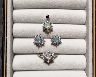 Natural Ethiopian Foral Opal Jewelry Set | 925 Sterling Silver Adjustable Ring, Stud Earrings & Necklace
