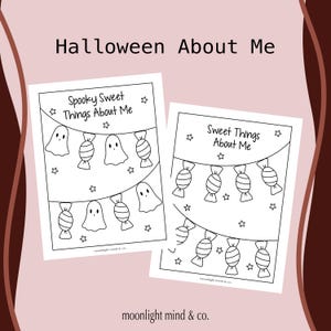 Może przedstawiać: Dwie czarno-białe strony do kolorowania o tematyce Halloween. Jedna strona zawiera napis "Spooky Sweet Things About Me" z ilustracjami duchów i cukierków. Druga strona zawiera napis "Sweet Things About Me" z ilustracjami cukierków.