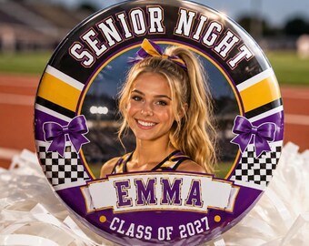 Custom Senior Night Sports Photo Button, Personalized Athlete Brag Pin, Football Cheer Basketball Class of 2027 Keepsake