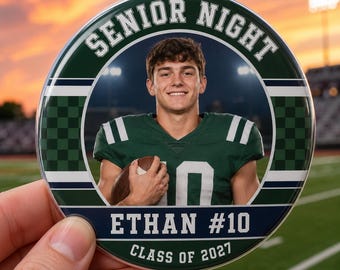 Custom Senior Night Sports Photo Button, Personalized Athlete Brag Pin, Football Cheer Basketball Class of 2027 Keepsake