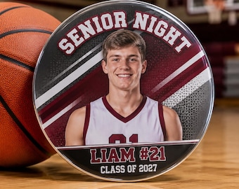 Custom Senior Night Sports Photo Button, Personalized Athlete Brag Pin, Football Cheer Basketball Class of 2027 Keepsake