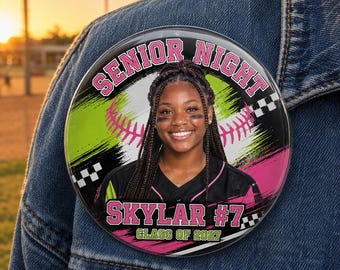 Custom Senior Night Sports Photo Button, Personalized Athlete Brag Pin, Football Cheer Basketball Class of 2027 Keepsake