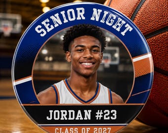 Custom Senior Night Sports Photo Button, Personalized Athlete Brag Pin, Football Cheer Basketball Class of 2027 Keepsake