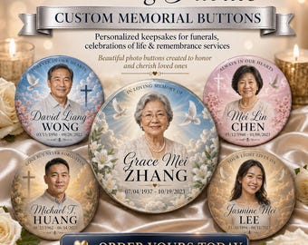 Custom Glossy Photo Memorial Button Pins, Funeral Keepsake Favors (2.25" & 3")
